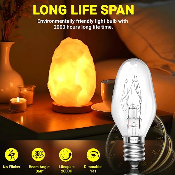 Himalayan Salt Lamp Bulbs 15W C7 Dimmable Rock Salt Light Bulbs E12 Base Night Light Bulbs for Scentsy Wax Warmer, Salt Lamp, Plug in Wax Diffuser Pack of 2 - Bloomnest