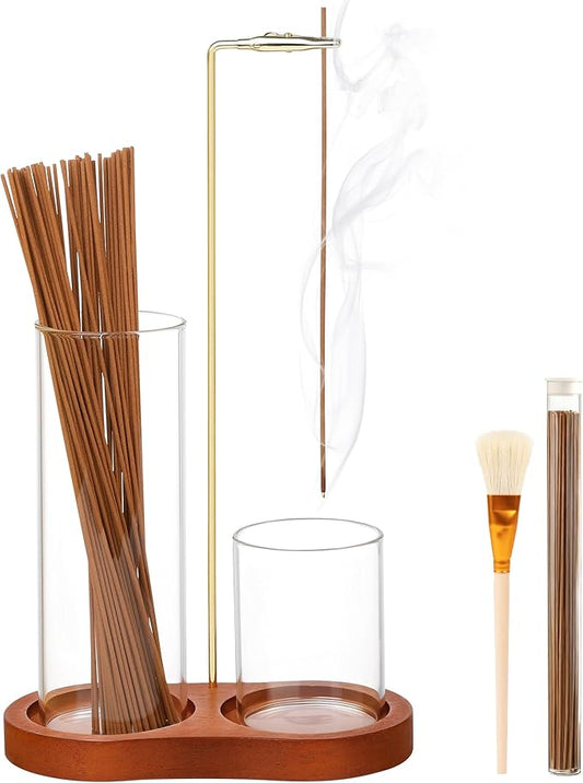 2 in 1 Incense Holder for Sticks, Wooden Incense Holder for Sticks with Glass Ash Catcher, Anti-ash Incense Burner with 20 Incense Sticks and a Ash Brush for Meditation Yoga Spa Room Decor