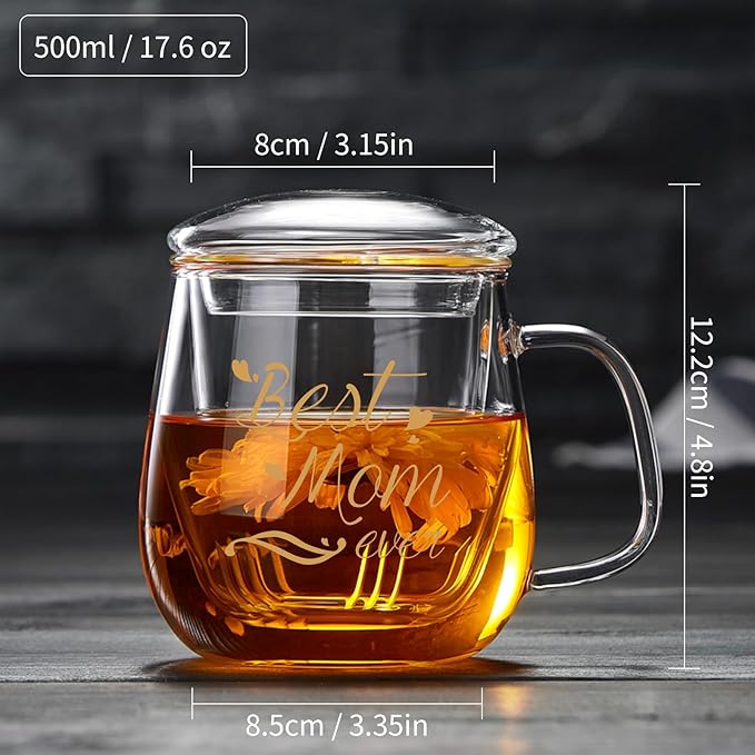 Glass Tea Cup 17.6oz, “Best Mom Ever” Mothers Day Cup with Gift Box, Gifts Mug for Mom, Glass Mug Teacup, Tea Cups for Mom Birthday, Perfect for Grandma & Daughter - Bloomnest
