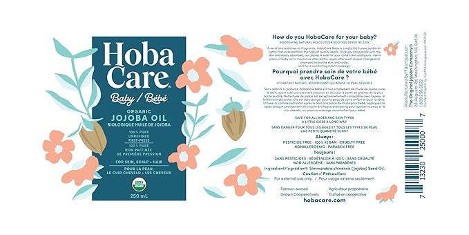 HobaCare Organic Jojoba Baby Oil with Pump Dispenser – 100% Pure Natural Unrefined Unscented Hexane Free Cold Pressed Jojoba Oil for Baby Hair, Infant Skin, Scalp Moisturizing (8.45 oz) - Bloomnest