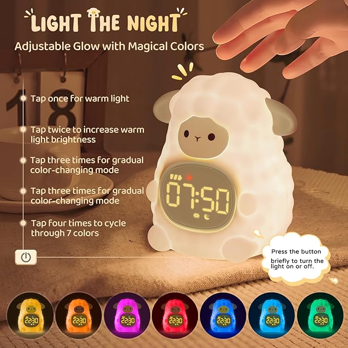 Sheep Alarm Clock with Night Light for Kids with Sleep Training and Sound Machine, Rechargeable Silicone Lamp OK to Wake Clock，Cute Animal Tabletop Lamp, Perfect Sleep Companion for Boys Girls, Khaki - Bloomnest