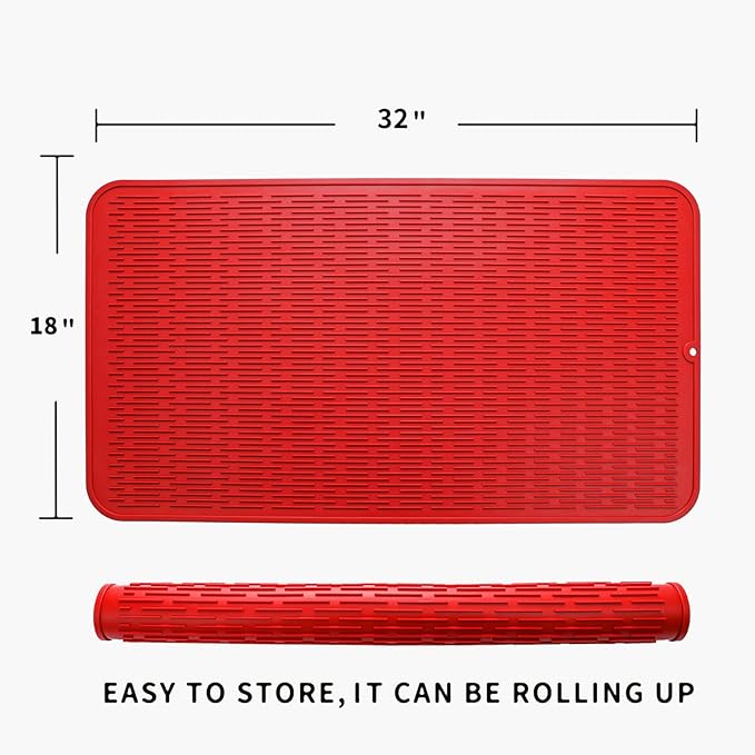Silicone Dish Drying Mat for Multiple Usage,Easy clean,Eco-friendly,Heat-resistant Silicone Mat for Kitchen Counter or Sink,Refrigerator or Drawer Liner Red 4XL 32 inches x 18 inches - Bloomnest