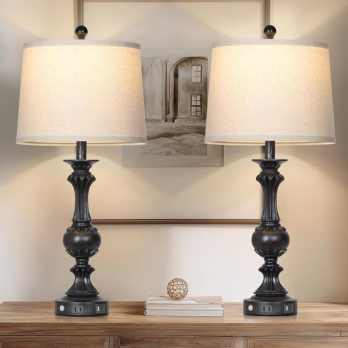 28" Black Farmhouse Table Lamps Set of 2, Rustic Lamps for Living Room with USB C+A Ports & AC Outlet, 3 Way Touch Control Bedroom Lamp, Retro Tall Bedside Lamp for Nightstand Side Table - Bloomnest