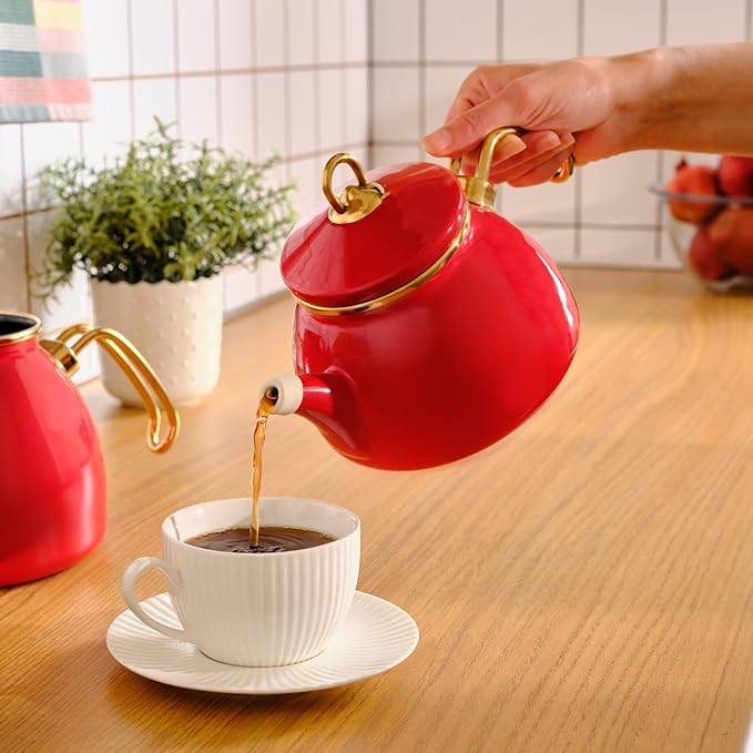Karaca Retro Turkish Teapot for Stovetop, 1.1L Turkish Tea Pot & 2.3L Kettle, Dishwasher Safe, Induction Tea Pot Set, Vibrant Color Lasting Enamel, Samovar Style, Red - Bloomnest