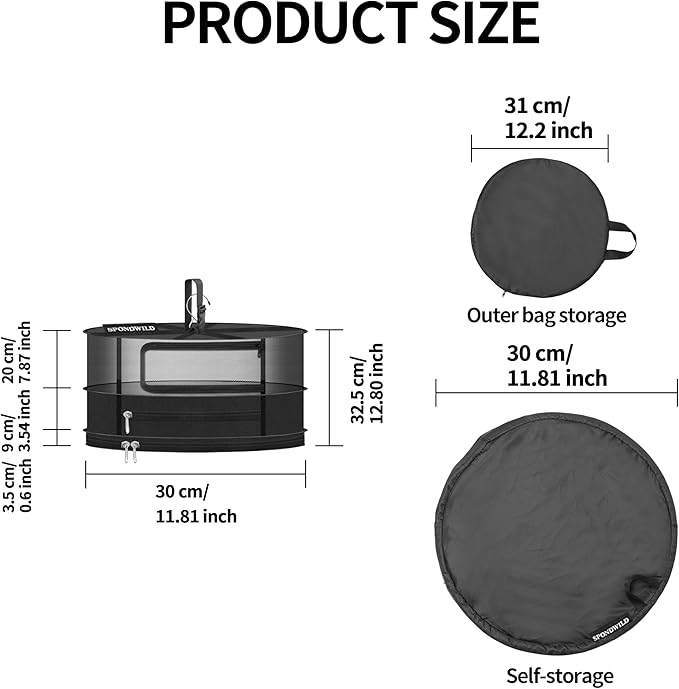Herb Drying Hanging Mesh Rack - 1ft Diameter (D12xH13 inch) 1+1 Layer, Foldable Plant Drying Net with U-Shaped Zipper & Storage Pouch - for Herbs, Plants, Flowers, Fruits, Food & Clothes - Bloomnest