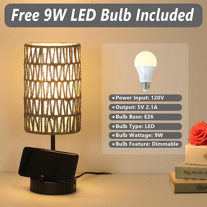 Touch Bedside Lamp For Bedroom with Bulb, Gray Boho Small Table Lamp For Living Room With Rattan & Linen Shade, 3 Way Dimmable Table Lamp For Nightstand With USB Charging Port & Phone Stand For Office - Bloomnest