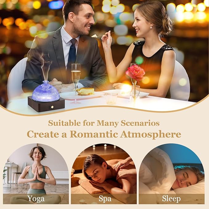 Glass Essential Oil Diffuser with Glass Reservoir & WoodBase, 200ml Ultrasonic Lock Color Timer Auto-Off 7 Color Light Aroma Glass Dome Diffuser for Home Office Bedroom Yoga - Dark Brown - Bloomnest
