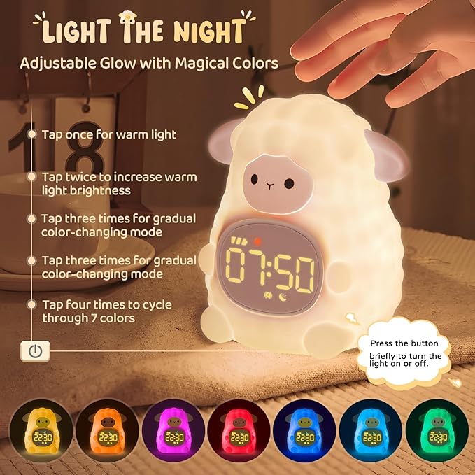 Sheep Alarm Clock with Night Light for Kids with Sleep Training and Sound Machine, Rechargeable Silicone Lamp OK to Wake Clock，Cute Animal Tabletop Lamp, Perfect Sleep Companion for Boys Girls, Pink - Bloomnest