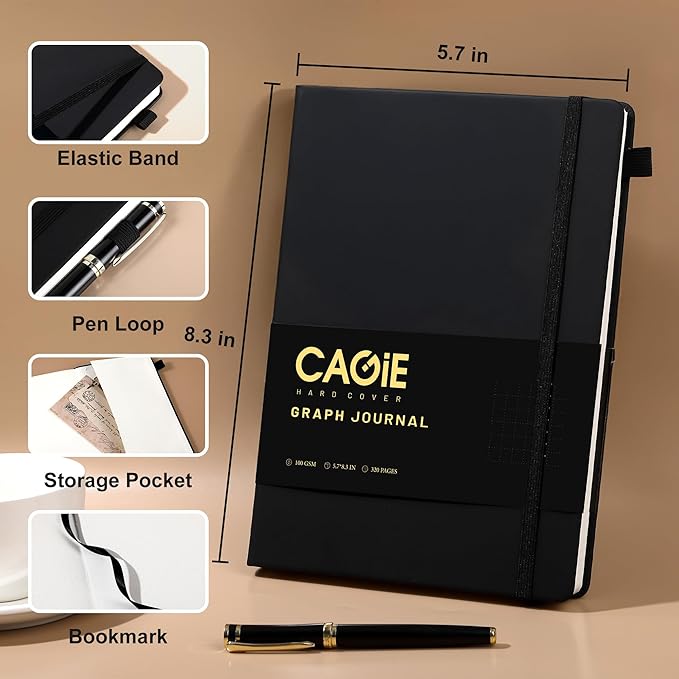 CAGIE Graph Notebook 320 Pages 100 GSM Paper Graphing Grid Journal A5 Hardcover Leather Quad Ruled Notebooks for Engineering, Math, Work, Black - Bloomnest