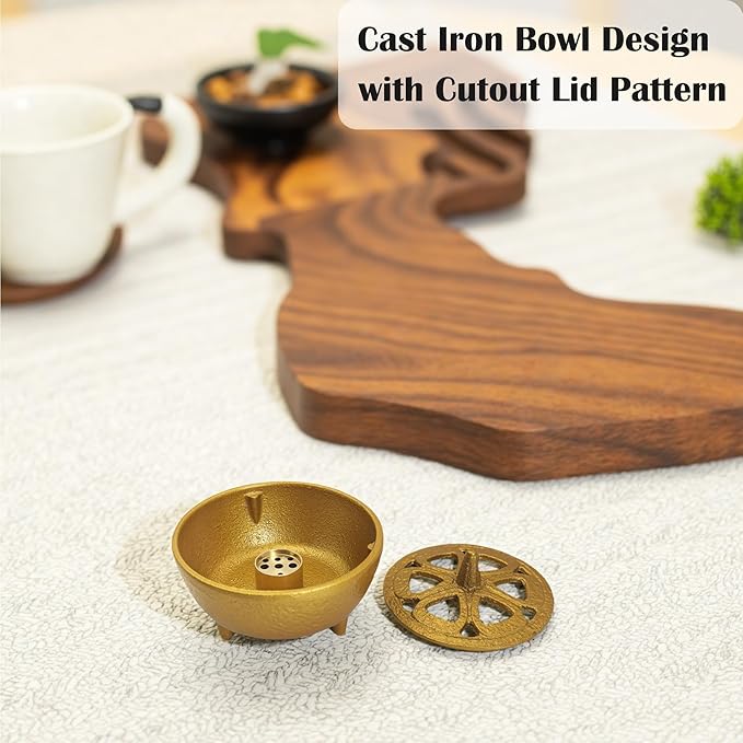 Small Cast Iron Incense Burner Holder, Home Decor, Bowl Design with Lid, Golden Incense for Sticks, Resin, Cone Incense or Wax Melts, Cense with Stand Base for Yoga, Spa, Room, Office - Bloomnest