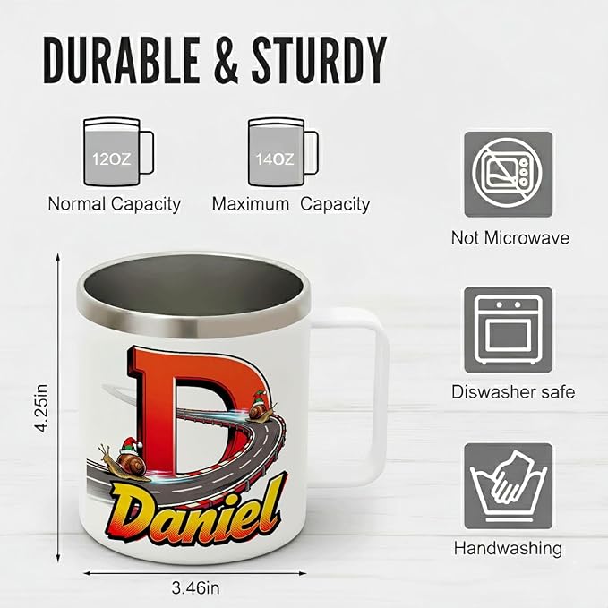 JugJug Personalized Christmas Mug with Initial & Name - Funny Racing Snails 12oz Insulated Coffee Cup w/Lid - Xmas Gifts for Kids, Boys, Racers (B178) - Bloomnest