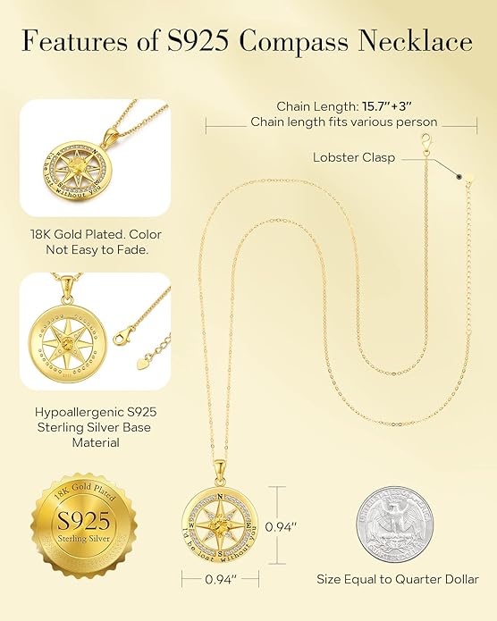S925 Necklace Gift for Wife |Compass Jewelry |Women Anniversary |Sterling Silver |Girlfriend Birthday Gifts for Her Valentines |I'd be Lost without You |Jewel 18K Gold - Bloomnest