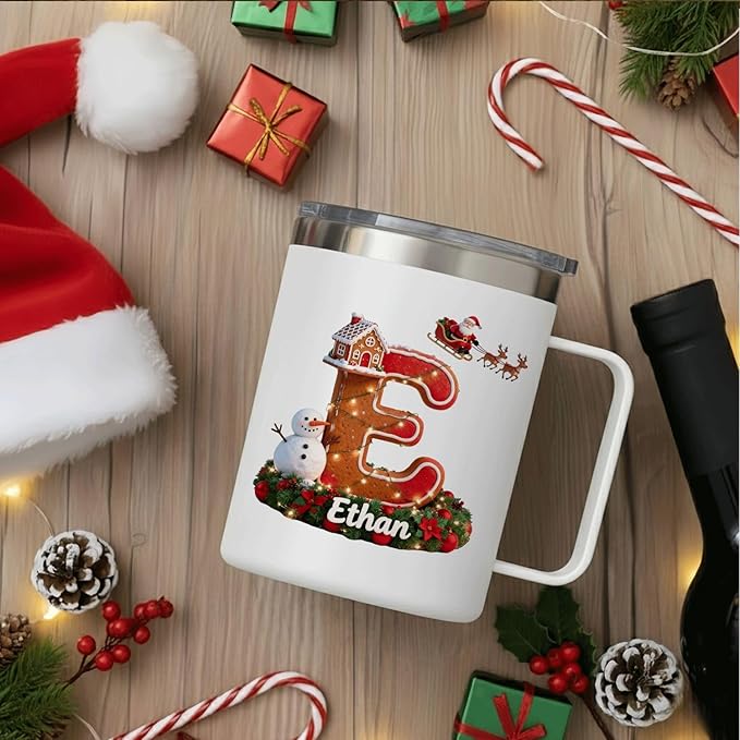 Personalized Christmas Mug | Custom Gingerbread Village Initial Insulated Cup with Handle & Lid | 12oz Holiday Tumbler, Cute Santa & Snowman Gift for (B35) - Bloomnest