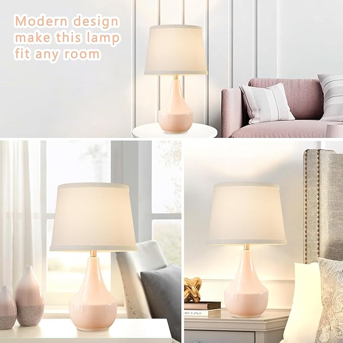GyroVu Table Lamp Set of 2, 18.63” Ceramic Lamp Classic Beside Lamps Nightstand Lamp Modern Bedside Lamp for Living Room, Bedroom & Office Rocker Swtich Pink-LED Bulbs Included - Bloomnest