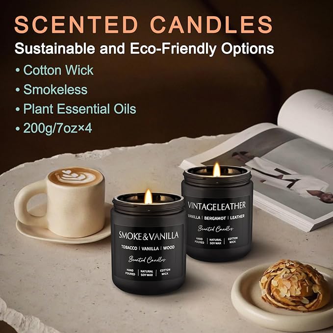 4Psc Scented Candles Set,7oz Gifts for Men Aromatherapy,Soy Candle of Smokeless - Leather & Smoke, Vanilla Oakmoss, Lavender - Relaxing Fragrance for Home, Office, Yoga(Black) - Bloomnest