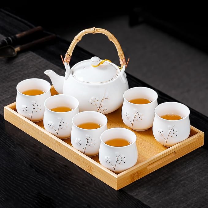 Japanese Tea Set, White Porcelain tea set with 1 Teapot(23 oz/660ml), 6 Tea cups(5.3 oz/150ml), 1 Tea Tray, Golden plum blossom relief, Asian tea sets for adults (Golden plum-White) - Bloomnest
