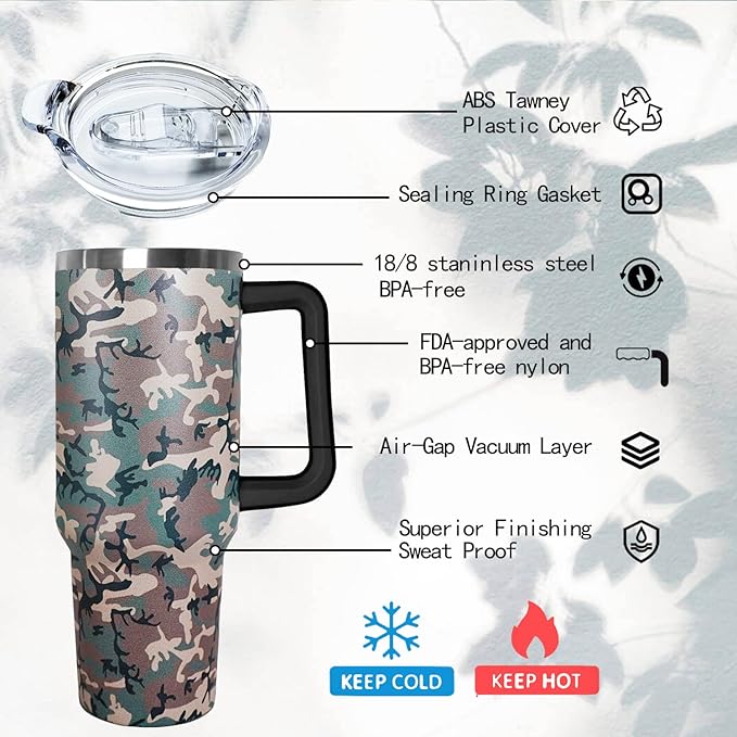 Ceovfoi 40 oz Camo Tumbler with Handle Lid and Straw, Hunting Gifts for Men Women,Camo Tumbler Travel Coffee Cup Mug Water Botter - Bloomnest