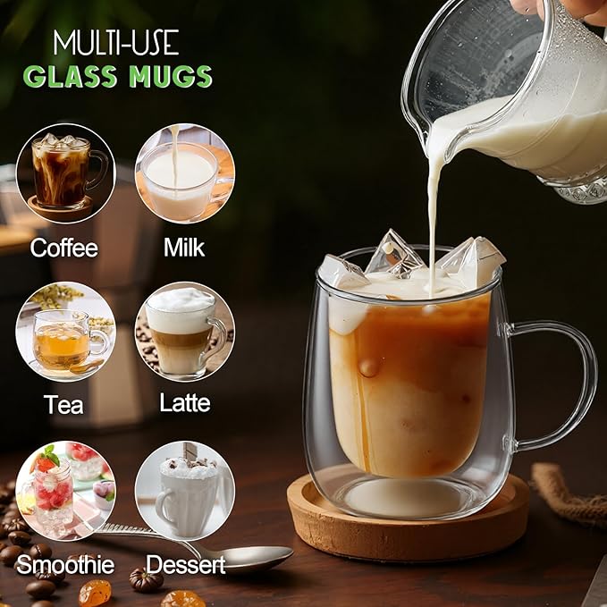 Glass Coffee Cups Set of 2, 13oz Double Walled Glass Mugs with Handles, Clear Insulated Coffee Mug Espresso Cups, Cappuccino Latte Tea Cups Set, Heat Resistant Borosilicate Clear Glasses - Bloomnest