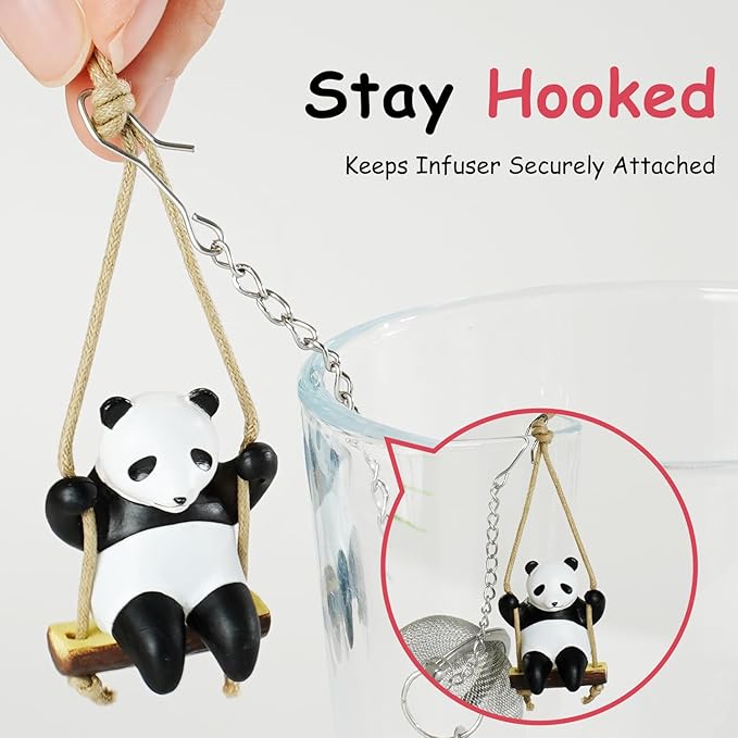Calico Cat Tea Infuser Set - Adorable Tricolor Kitty Hook, Fine Mesh Loose Leaf Tea Steeper, Stainless Steel, No Mess, 1 Pack (Panda Swinging on Your Teacup)