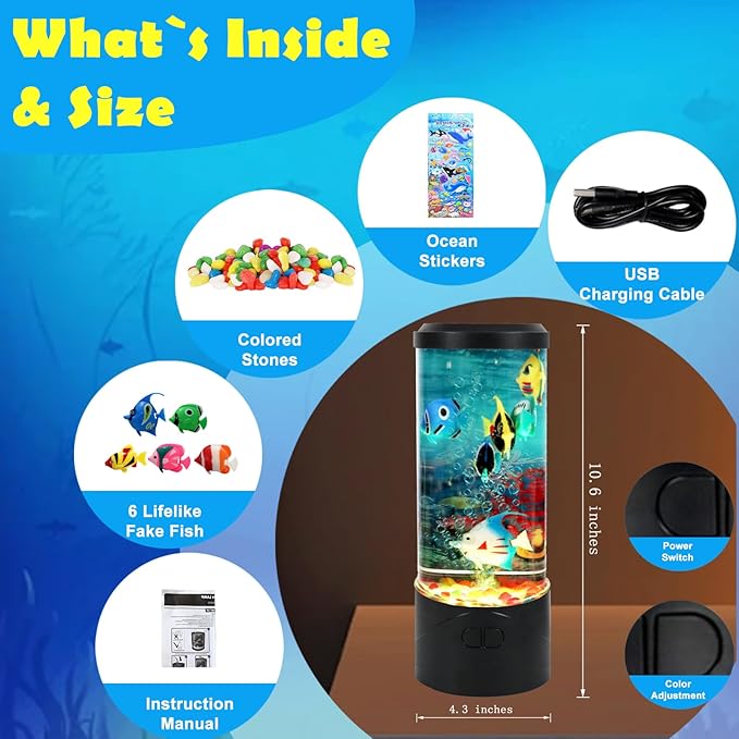 Toycol Bubble Fish Lamp,Artificial Aquarium Lamp with 7-Color Changing,Sensory Bubble Tube Light with 6 Fake Fish Moving,Mood Night Light,Great Gift for Kids & Adults,Decor for Home Office Bedroom - Bloomnest