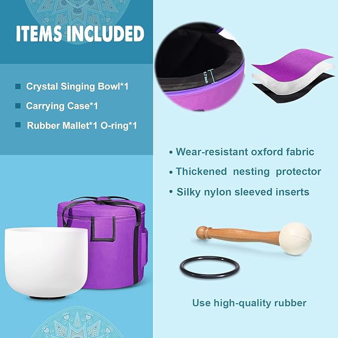 440HZ 8 Inch F Note Heart Chakra Frosted Quartz Crystal Singing Bowl Meditation Therapy Sound Healing Instrument Sound Bath Bowl with Carrying Bag Mallet and O-ring - Bloomnest