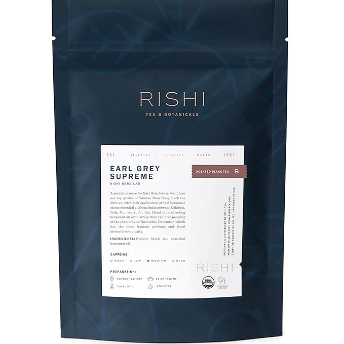 Rishi Tea Earl Grey Supreme Tea - Organic, Caffeinated Loose Leaf Tea with Bergamot Oil and Top Grade Yunnan Black Tea - 4 Ounces, 12+ Servings - Bloomnest