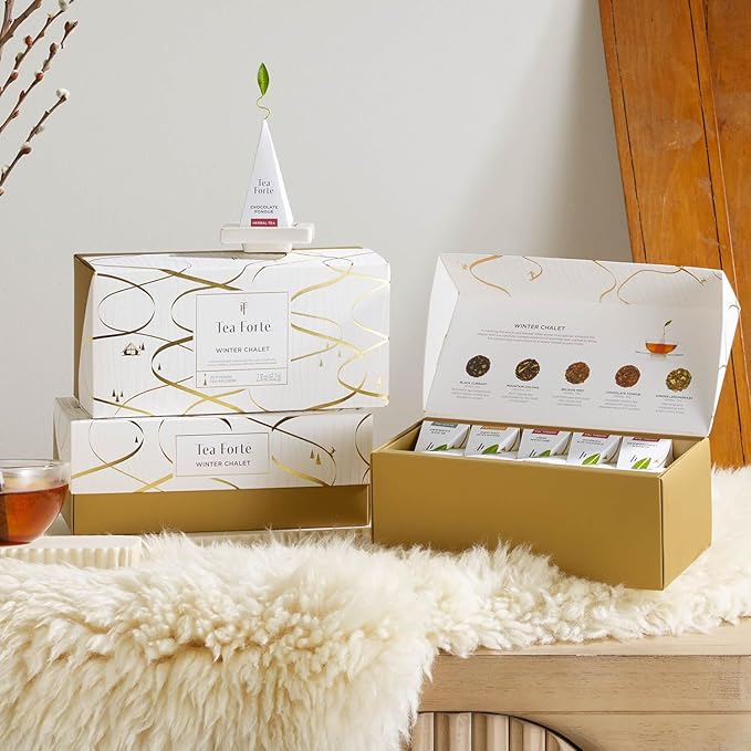 Tea Forte Winter Chalet Premium Presentation Box Gift Set Sampler, 20 Count, 4 of Each Blend Individually Wrapped Handcrafted Pyramid Infuser Bags