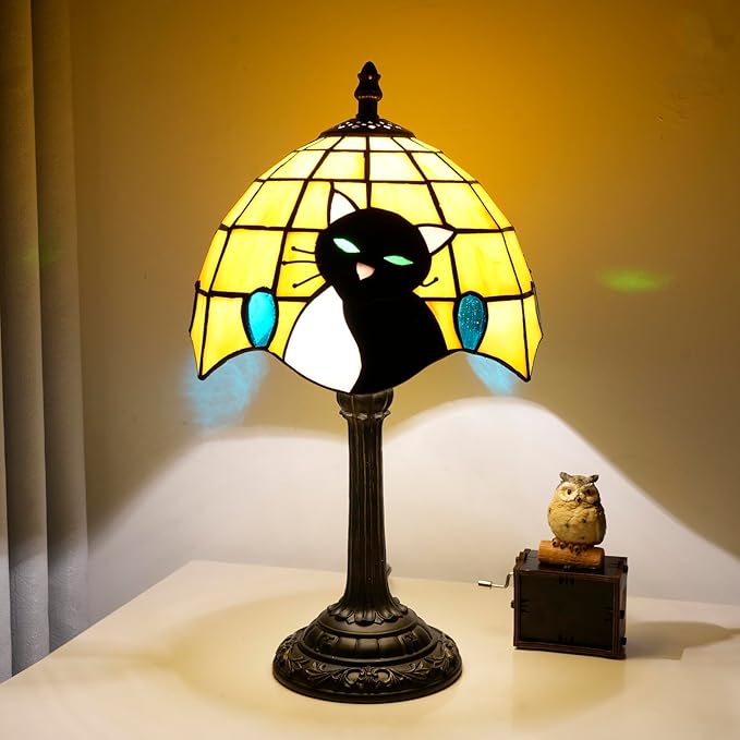 Small Tiffany Lamp Stained Glass Table Lamp Elegant Cute Retro Vintage Style White Black Cat Bedside Night Lamp For Nightstand Bedroom Home Decor Kitchen Counter Antique Living Room Office Fun Lamps - Bloomnest