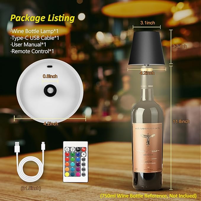 2025 New Wireless Bottle Lamp - LED Bottle Lights for Liquor & Wine Bottles, Cordless Lampshade, Whiskey Bottle Top Light, Bottle Stopper Night Light Kit, Rechargeable RGB Remote & Touch-Dimmable - Bloomnest