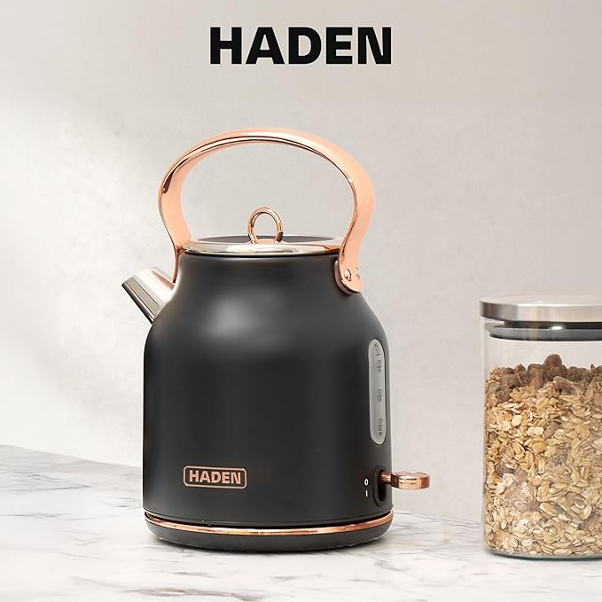 Haden Heritage 1.7 Liter Stainless Steel Electric Kettle, Hot Water Tea Kettle with 360-Degree Base and Auto Shutoff, Black & Copper - Bloomnest