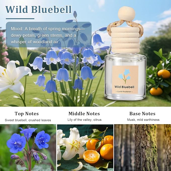 Car Air Freshener Oil Diffuser - Hanging Long Lasting Scent for Car & Home (BlackBerry & Bay, White Musk & Cedarwood, English Pear & Freesia, Wild Bluebell) - Bloomnest