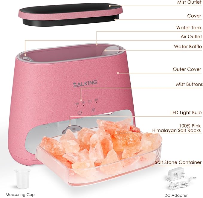 SALKING 2-in-1 Himalayan Salt Lamp & Ultrasonic Essential Oil Diffuser, Aromatherapy Diffuser Cool Mist Humidifier, Salt Therapy Lamp, 100% Pure Himalayan Salt, Ambient Glow, 150ml (Hot Pink) - Bloomnest