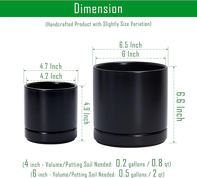 D'vine Dev 4.7 Inch & 6.5 Inch Ceramic Planter Pots for Plants with Drainage Hole and Saucer, Small Plant Pots Set, Black, 94-G-S-2 - Bloomnest