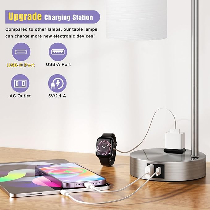 Innqoo Industrial Nickel Table Lamps for Bedrooms Set of 2-3-Way Dimmable Desk Lamp with USB C+A Ports and Outlet, Sliver Lamps with Striped White Glass Shade for Living Room - Bloomnest
