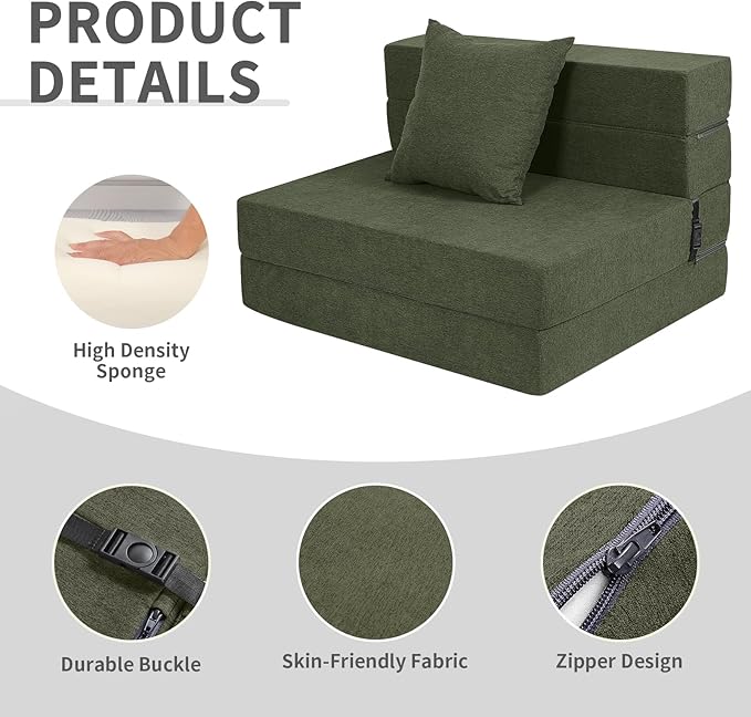 Folding Sofa Bed, High-Density Memory Foam Sofa Bed with a Fluffy Pillow, Folding Floor Couch Guest Bed, Twin Size, Green - Bloomnest