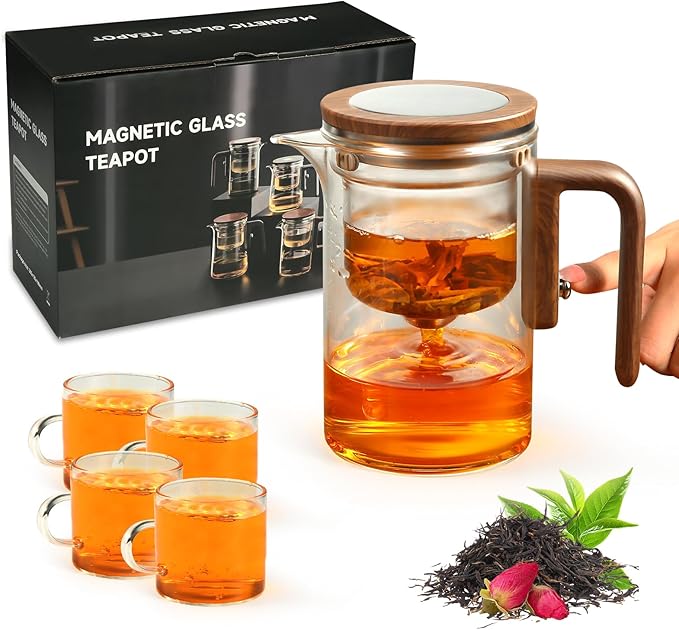5Pcs Enchanti Tea Pot, Magic Witchcraft Enchanted Glass Teapot with Strainer -600ML,Divided Glass Teapot with Wooden Handle with 4 Wall Teacups,Push Control Magic Teapot (18FL-OZ)