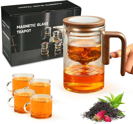 5Pcs Enchanti Tea Pot, Magic Witchcraft Enchanted Glass Teapot with Strainer -600ML,Divided Glass Teapot with Wooden Handle with 4 Wall Teacups,Push Control Magic Teapot (18FL-OZ)