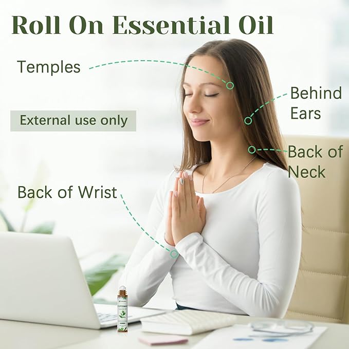 Peppermint Essential Oil Roll On, Natural & Prediluted Oil Blend Roller with Fresh Minty Aroma - Aromatherapy & Headache Relief - Bloomnest