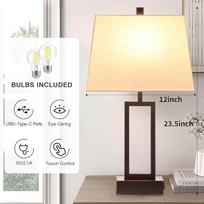 23.5" Touch Control Table Lamps, Metal Bedside Lamp for Bedroom Set of 2 with USB A+C Ports & AC Outlet, 3-Way Dimmable Nightstand Lamp for Living Room (LED Bulb Included) - Bloomnest