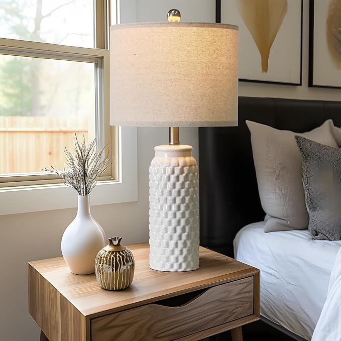 24" Modern Ceramic White Bedside Lamp Set of 2 Table Lamp for Bedroom Decor Farmhouse Table Lamp for Living Room Office Dorm - Bloomnest