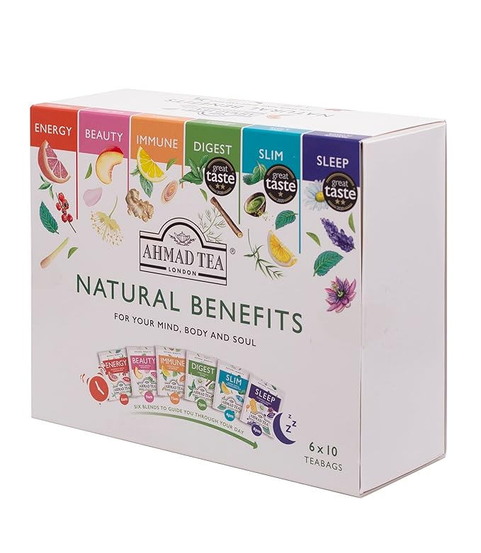 Ahmad Tea Natural Benefit Functional Tea Selection Pack | Green teas, Fruit & Herbal Infusions | Perfect herbal tea gift - 60 Teabag Sachets | 6 blends - Bloomnest