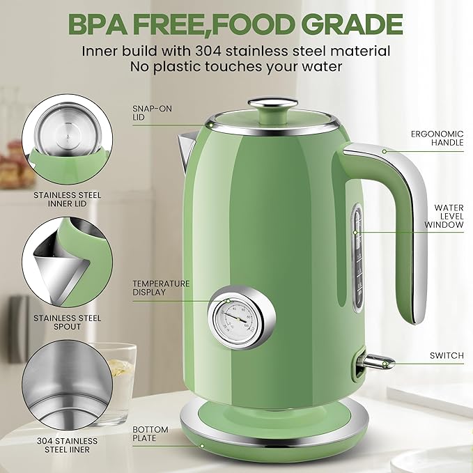 Pukomc Electric Kettle,1.7L Stainless Steel Electric tea kettle with Temperature Gauge, Fast Boiling, Auto Shut - off, BPA - Free, Boil - Dry Protection, (Retro Green) - Bloomnest