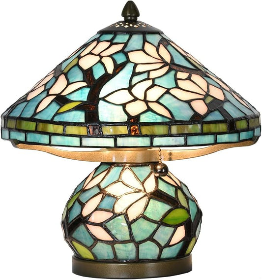 Bieye L10905 Tiffany Style Stained Glass Mushroom-Shaped Double Lit Table Lamp for Home Decor (10-inch, White Magnolia)