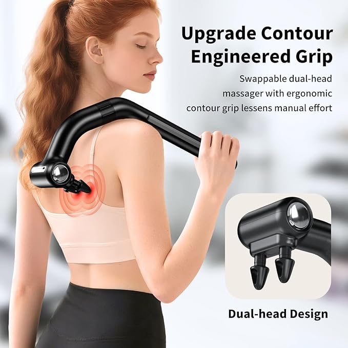Dual-Head Massage Gun with Extension Handle, 3-in-1 Detachable Handheld Percussion Muscle Massager for Back Neck Shoulder Body Deep Tissue Pain Relief - 6 Speeds Levels (Black) - Bloomnest