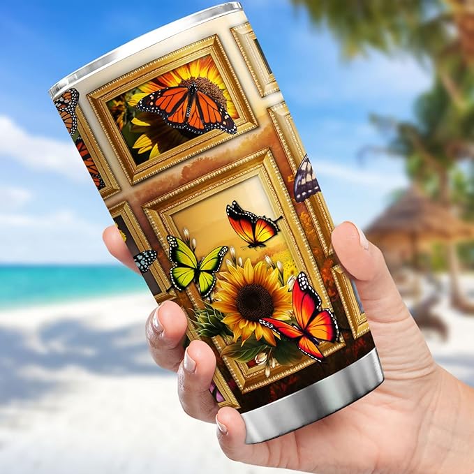 Sunflower Print Tumbler 20 Oz Monarch Butterfly Coffee Cup With Lid Butterflies Sunflowers Gifts For Women Birthday Present Stainless Steel Mug Vintage Floral Flowers Animals - Bloomnest