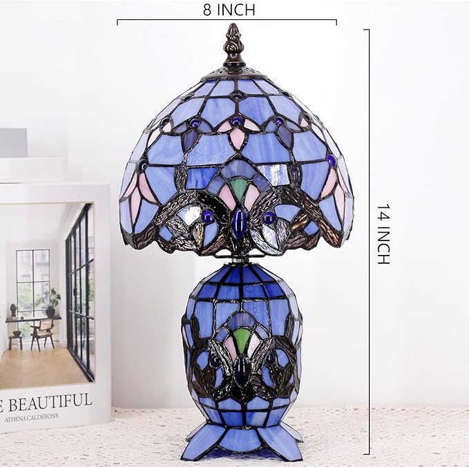 Small Tiffany Lamp Stained Glass Table Lamp Mini Mother Daughter Vase Desk Accent Light for Bedroom Bedside Reading Home Antique Style Decor 8X14 Inches (Blue Baroque) - Bloomnest