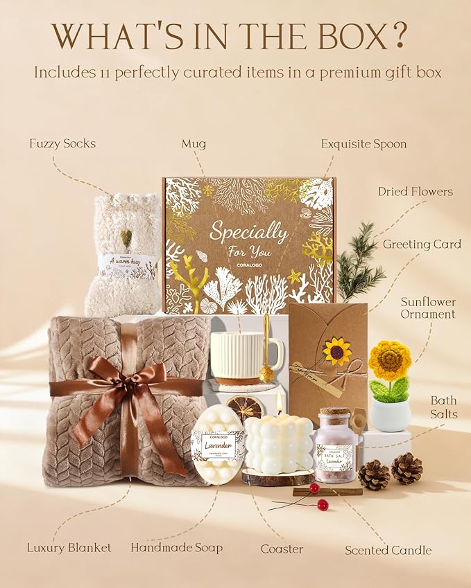 Coralogo Spa Gift Baskets for Women - Get Well Soon, Self Care, Relaxing Sunflower Gift Basket, 11pcs Spa Sets for Women, Luxury Gifts for Her Birthday Valentines Day Mothers Day