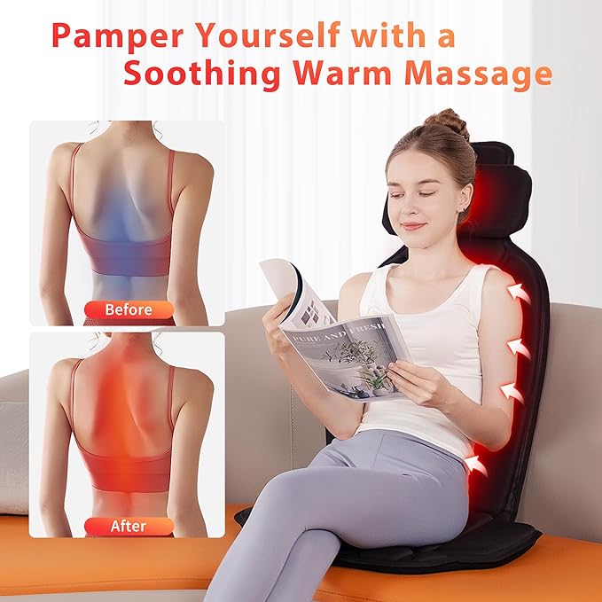 Heated Vibration Massage Chair Pad with 8 Motors – 5 Massage Modes & Adjustable Heat Levels, Memory Foam Back Massager Cushion for Office Chair, or Home Use - Bloomnest