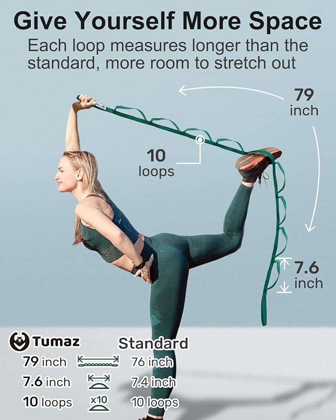Tumaz Stretching Strap - 10 Loops & Non-Elastic Yoga Strap - The Perfect Home Workout Stretch Strap for Physical Therapy, Yoga, Pilates, Flexibility - [Extra Thick, Durable, Soft] - Bloomnest