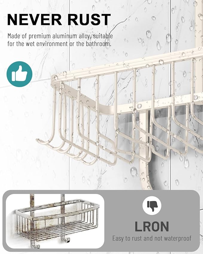 Shower Caddy Hanging - Never Rust Shower Hanging Organizer - Aluminum Over the ShowerHead Caddy with Soap Basket and 6 Hooks for Razor/Sponge (Milky White) - Bloomnest